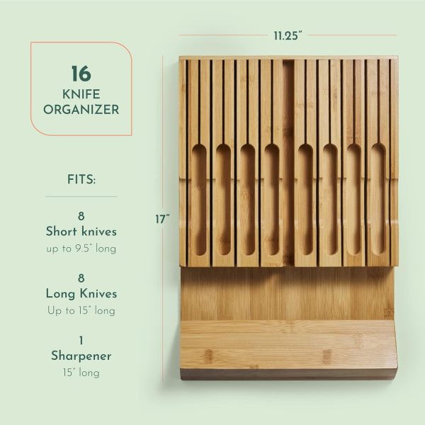 High-Grade 100% Bamboo Knife Drawer Organizer - 16 Knife Slots Plus a Sharpener Slot, 5 Pack Hot on Sale - Image 4