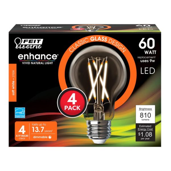 4-Pack 60W Soft White A19 Clear LED Light Bulbs A1960CL927CAFL4 For Discount